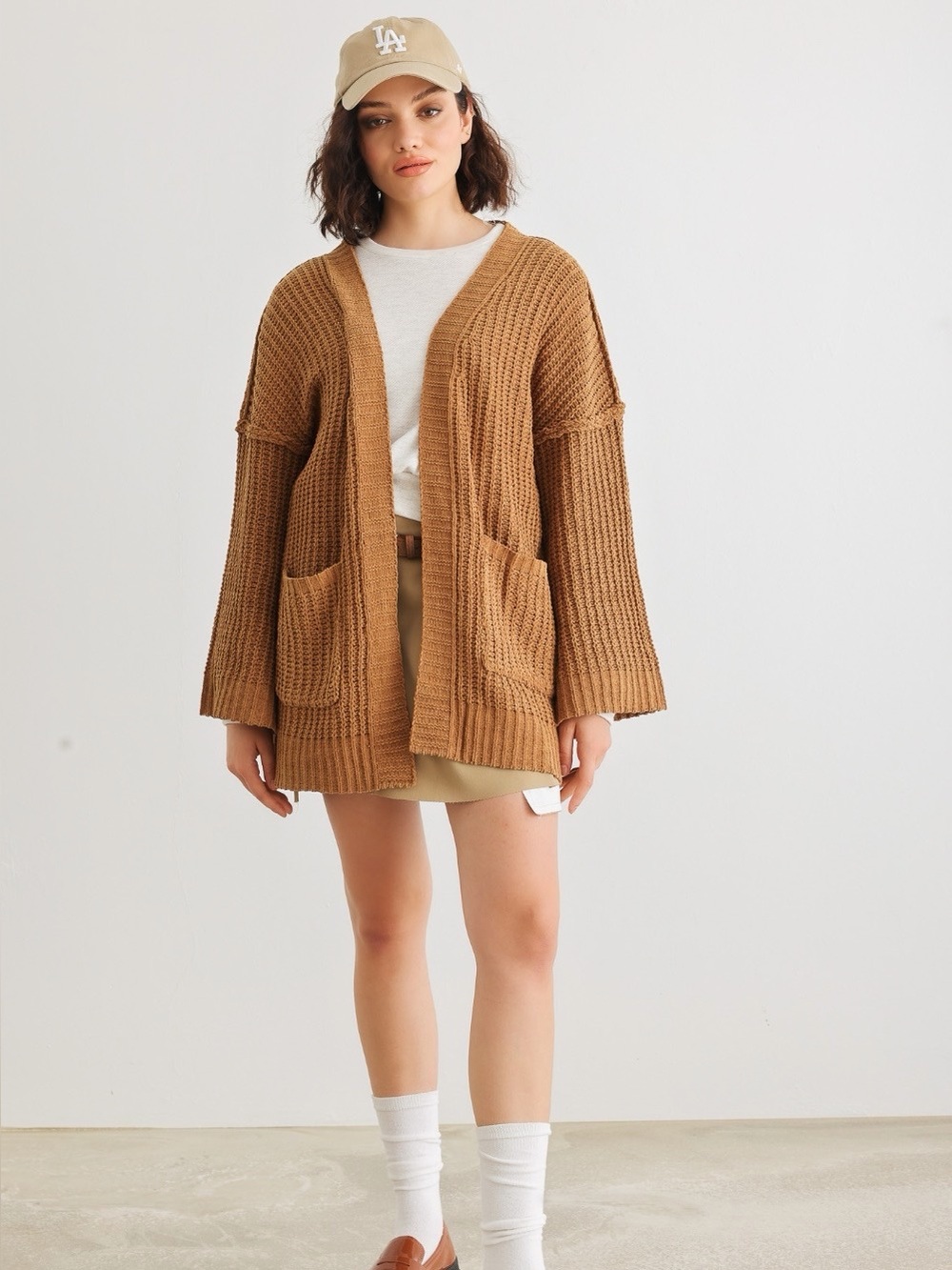 Cozy Open-Front Knit Cardigan Sweater - Camel